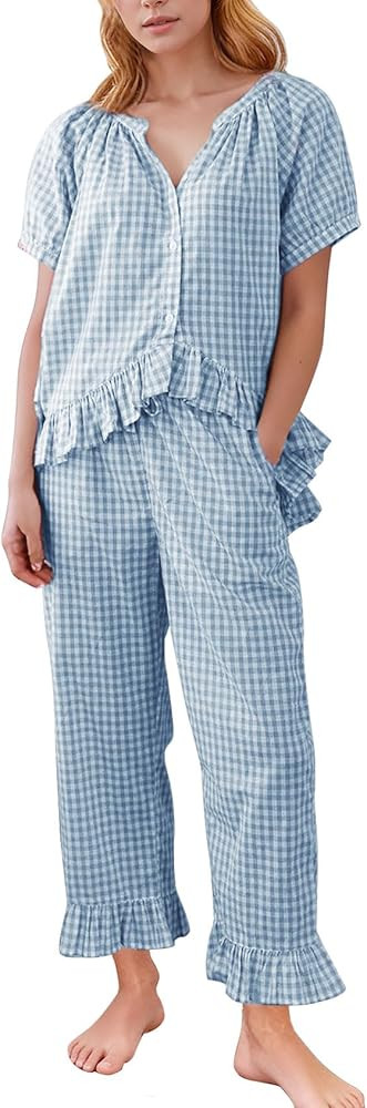 Flygo Womens Plaid 2 Piece Pajamas Sets Gingham Button Down Puff Sleeve Babydoll Shirt Ruffle Pan... | Amazon (US)