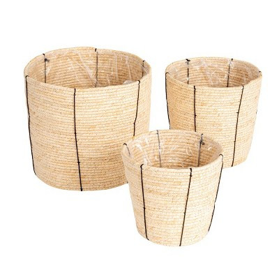 Round Handwoven Corn Rope Baskets with Thin Stripes and Plastic Liner, Natural, Set of 3 | Target