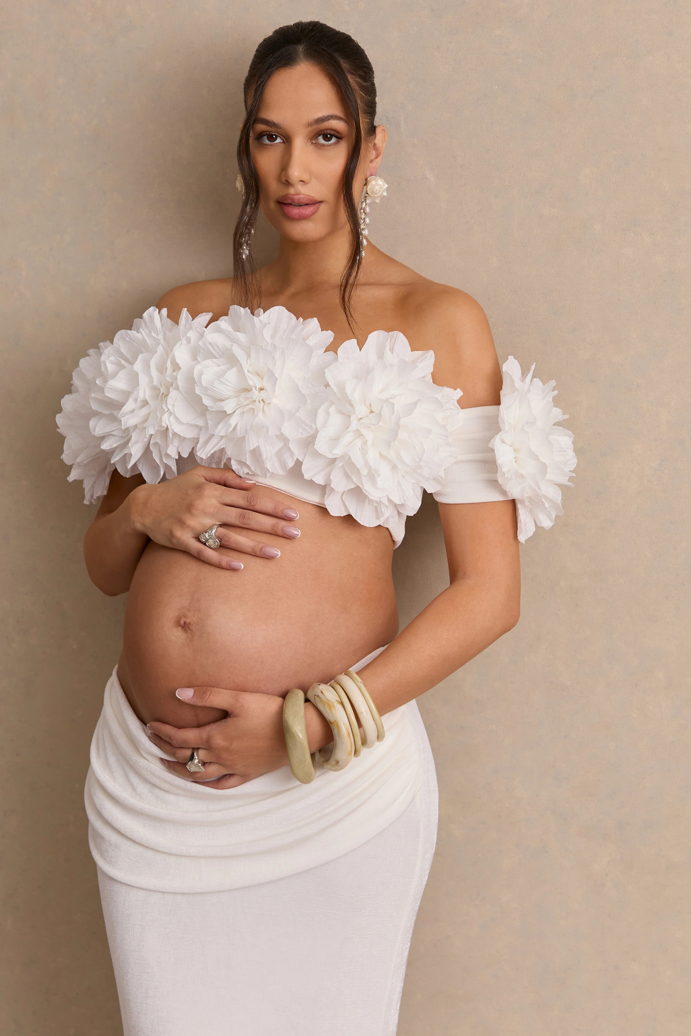 Arwenne | White Bardot-Neck Crop-Top With Corsage Detailing | Club L London