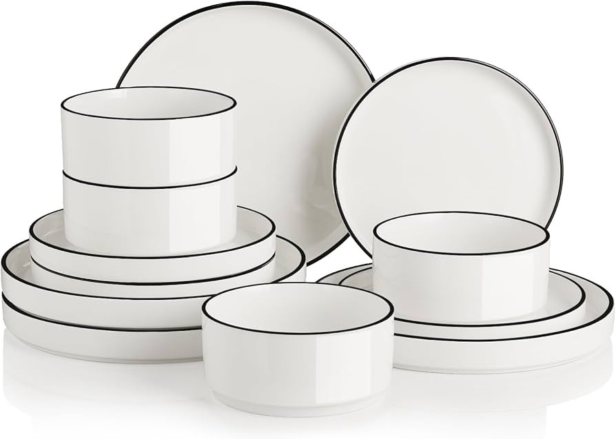 Sweejar Porcelain Dinnerware Sets for 4, 12 Pieces Ceramic Plates and Bowls Set, Classic Modern S... | Amazon (US)