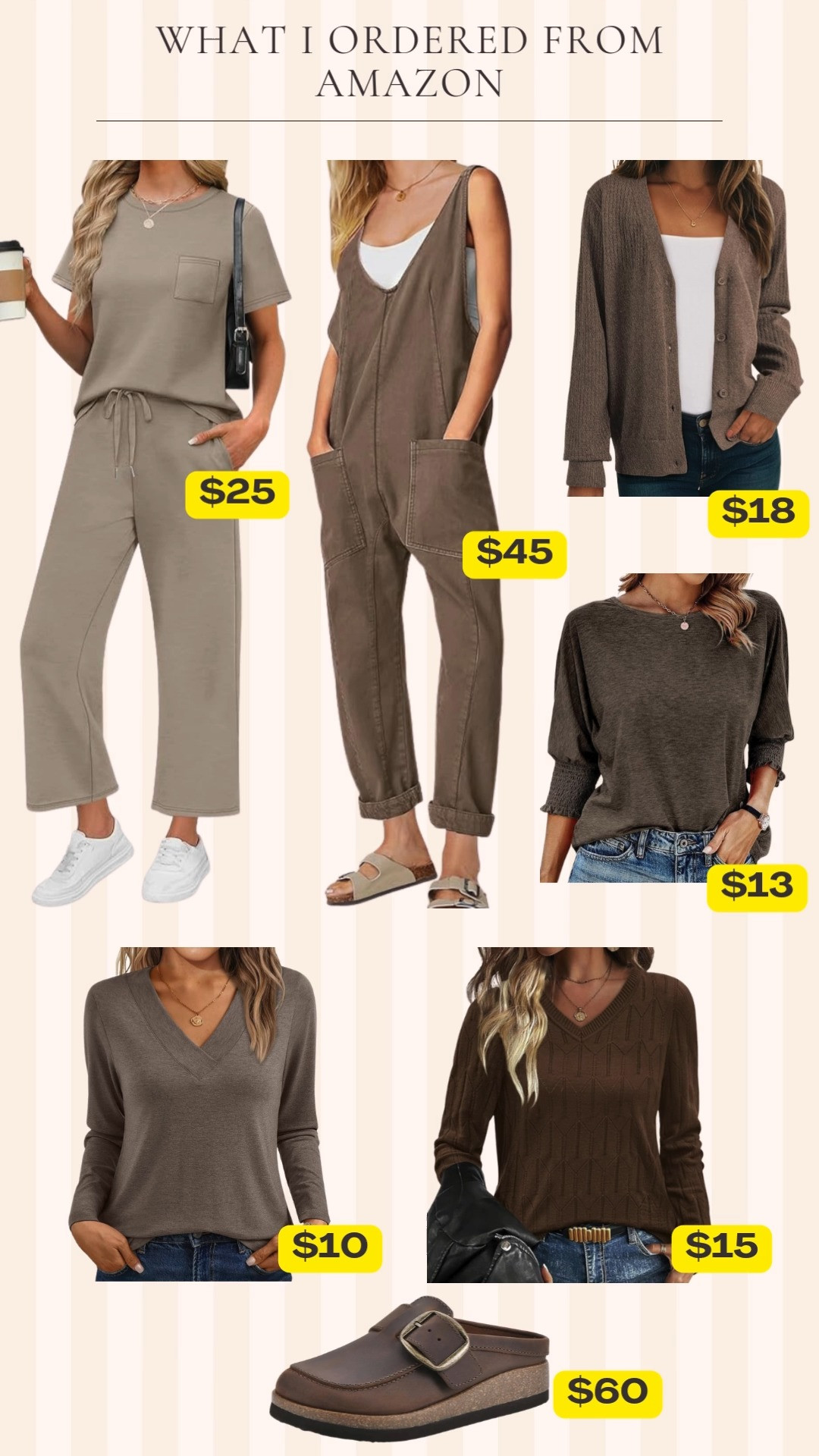  

 I’m adding some brown to my wardrobe for autumn. These are all things I’ve ordered from Amazon. Some are on sale right now!

I have the tee and pants set and the overalls now and know they are short girl approved!

These leather clogs are great for wide feet or to wear with warm heavy socks  

#LTKSaleAlert #LTKOver40 #LTKFindsUnder50