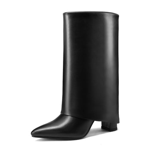 Vaslemuse Women's Mid-Calf Boots Fold Over Chunky Heel Pointed Toe Slouch Riding Boots Black Size 10.5 | Amazon (US)