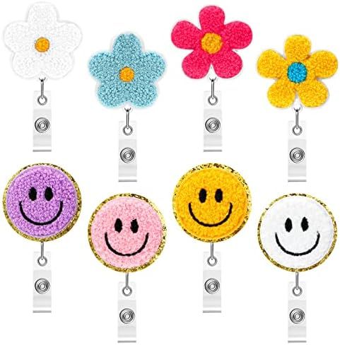 8 Pcs Nurse Badge Reel Retractable Smile Face Flower Felt Badge Holder Nursing Name ID Badge Reel... | Amazon (US)
