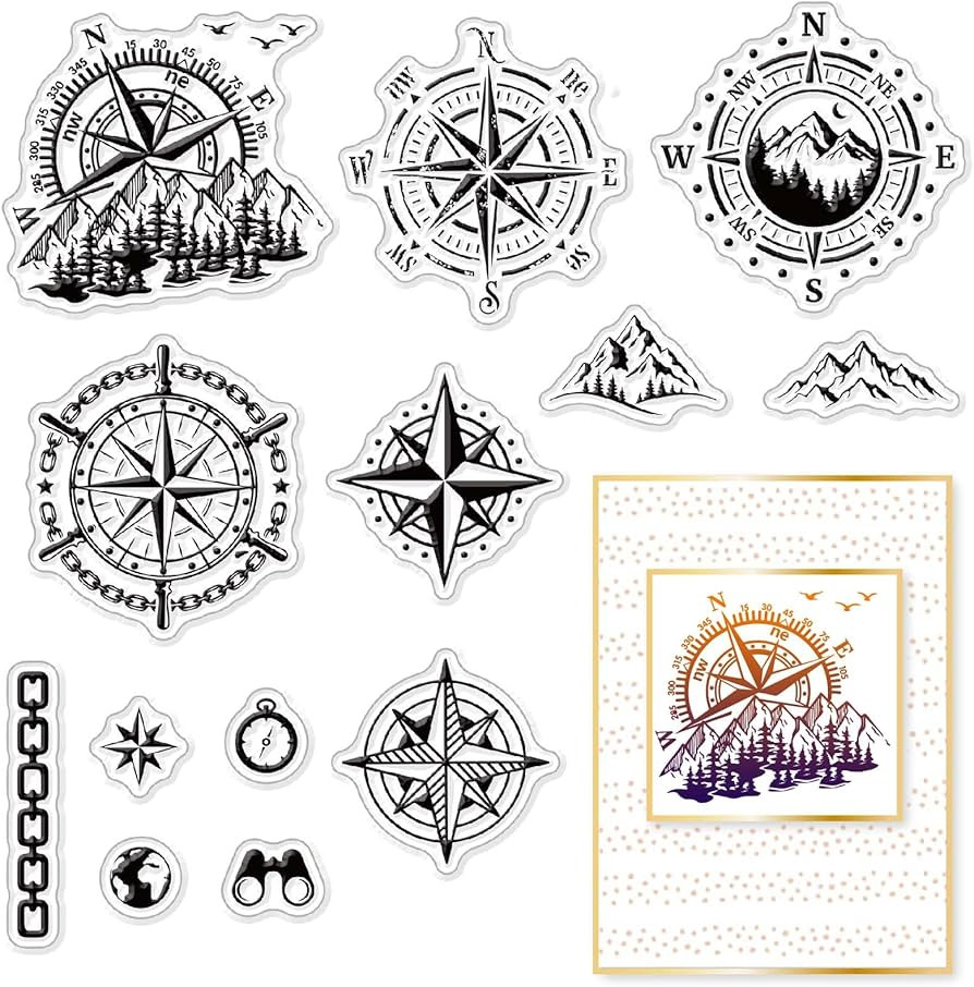 CRASPIRE Compass Clear Stamps Compass Mountain Outdoor Scenery Transparent Silicone Stamp Rubber ... | Amazon (US)