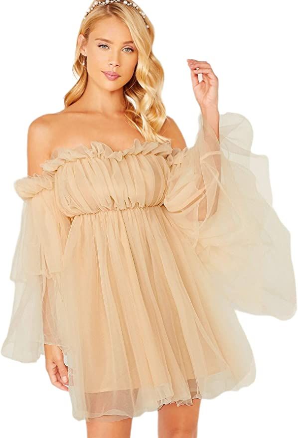 Romwe Women's Romantic Off Shoulder Flounce Long Sleeve Wedding Ruffle Mesh Party Mini Dress | Amazon (US)