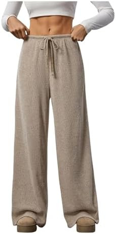RoseSeek Women's Wide Leg Ribbed Knit Pants Drawstring Waist Low Rise Casual Long Trousers | Amazon (US)