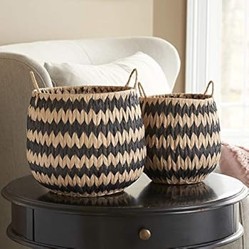 Household Essentials Brown Set of 2 Round Woven Wicker Storage Baskets with Handles | Black Stich... | Amazon (US)