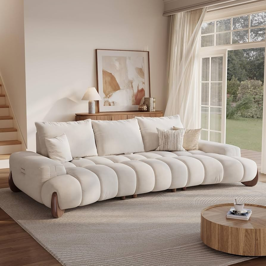 POVISON Arlo 115'' Oversized Curved Velvet Sofa, 3 Seater, Beige | Amazon (US)