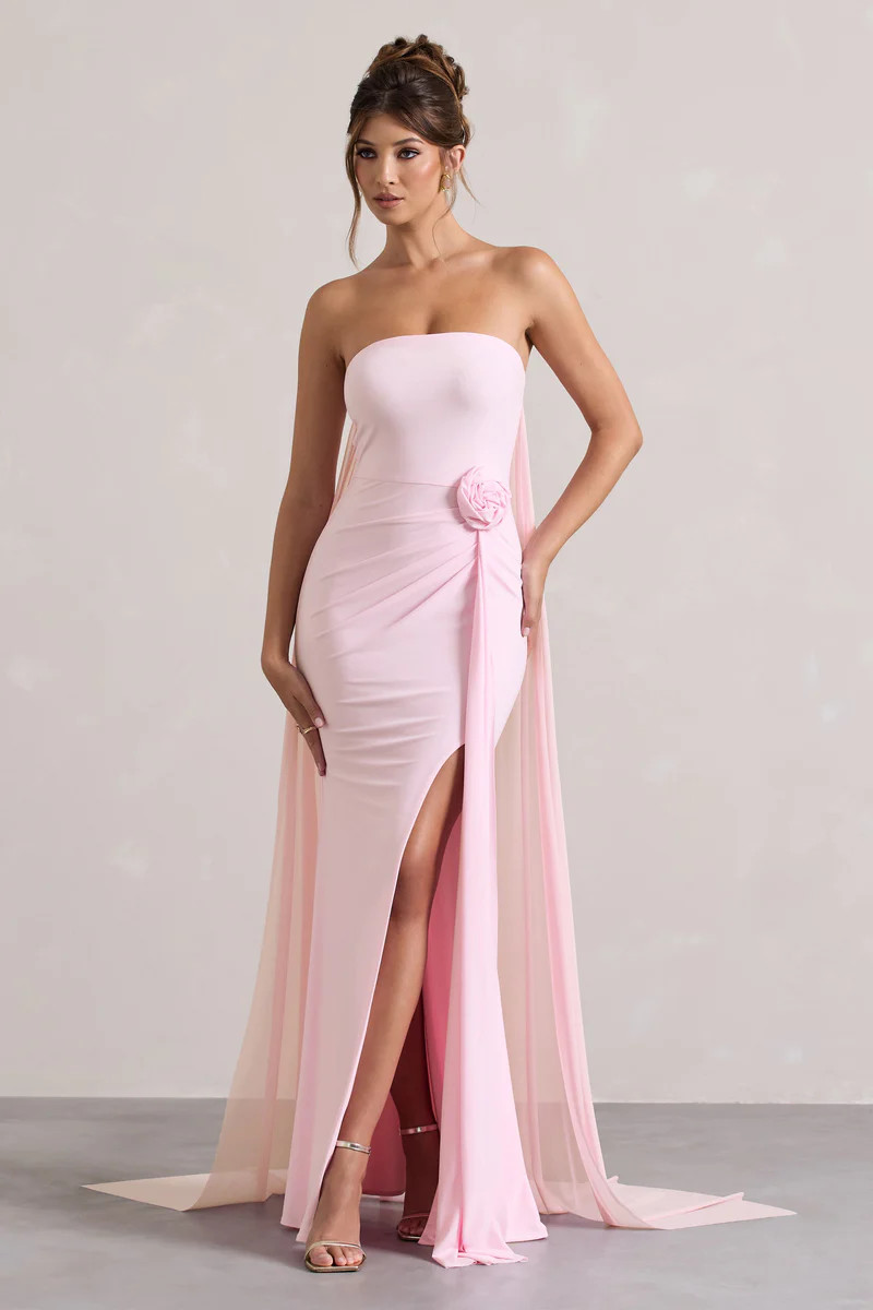 More To Come  Pink Strapless Wrap Cape Maxi Dress With Corsage | Club L London