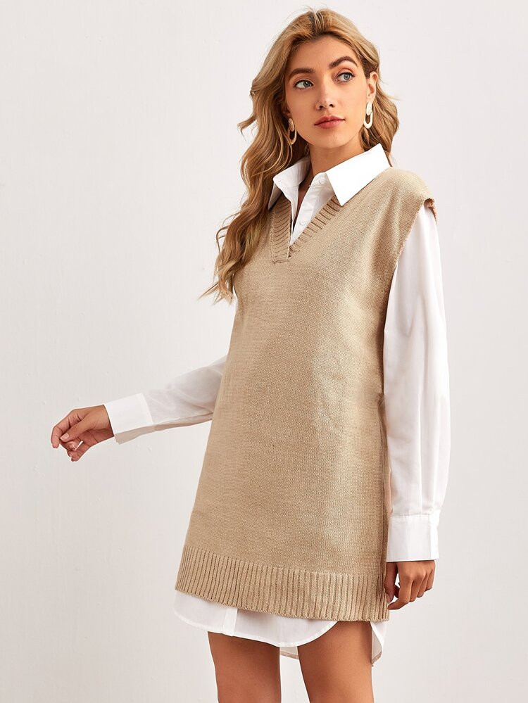 V Neck Sweater Vest Dress Without Blouse Without Belt | SHEIN