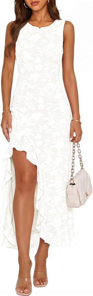 Amazon.com: MEROKEETY Women's Summer Floral Ruffle Maxi Dress High Slit Sleeveless Bodycon Formal... | Amazon (US)