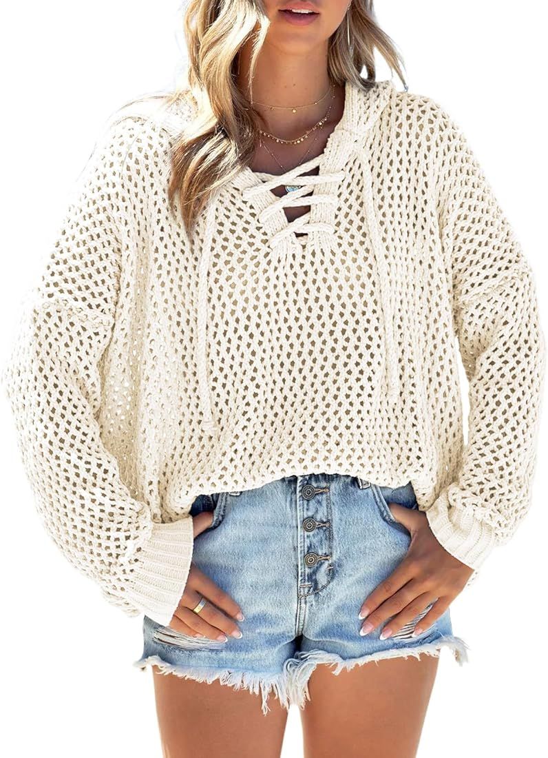 Womens Hollow Out Long Sleeve Crochet Cover Up Sweater Top Hoodie Cutout Knit Pullover Tops | Amazon (US)