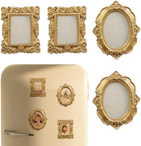 4 Pcs Magnetic Picture Frames for Refrigerator, Wall Hanging Mini Gold Frames Small Vintage Oval ... | Amazon (US)