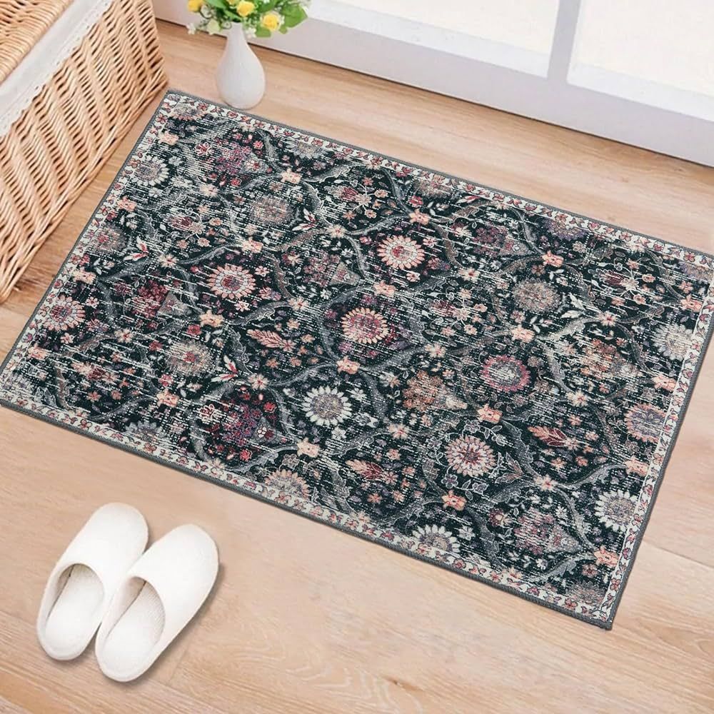 Lahome Moroccan Trellis Entryway Rugs Indoor, 2x3 Black Rug Non Slip Kitchen Rugs, Soft Ultra-Thi... | Amazon (US)