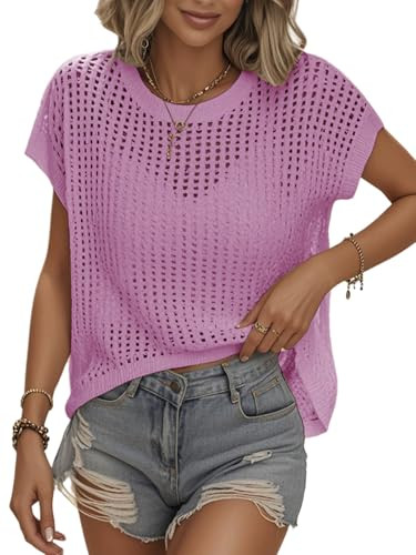 Womens Summer Crochet Tops Hollow Out Cap Sleeve Cover Up Tank Top Pullover Sweater Vest Beach Va... | Amazon (US)
