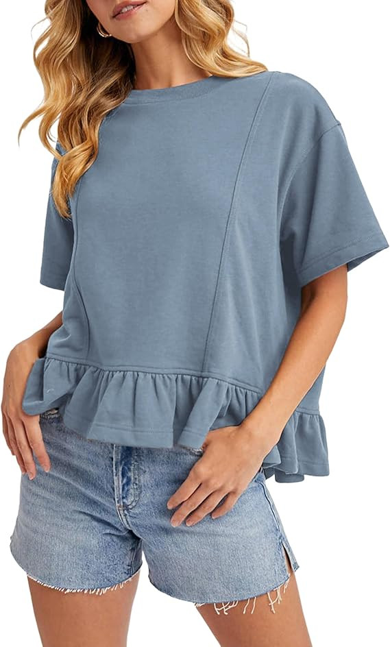Women Summer Short Sleeve T-Shirts Ruffled Peplum Hem Knit Tee Crew Neck Badydoll Pleated Tops | Amazon (US)