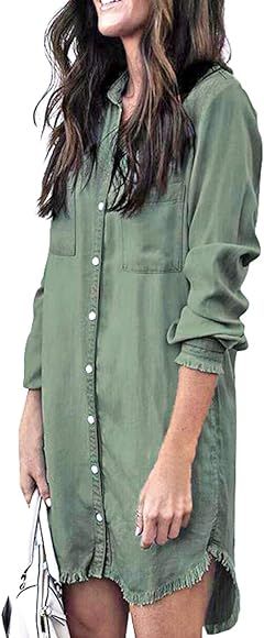 Women's Casual Long Sleeves Denim Shirt Dress Long Tops Blouse Clothes Button Down Tunic Top | Amazon (CA)