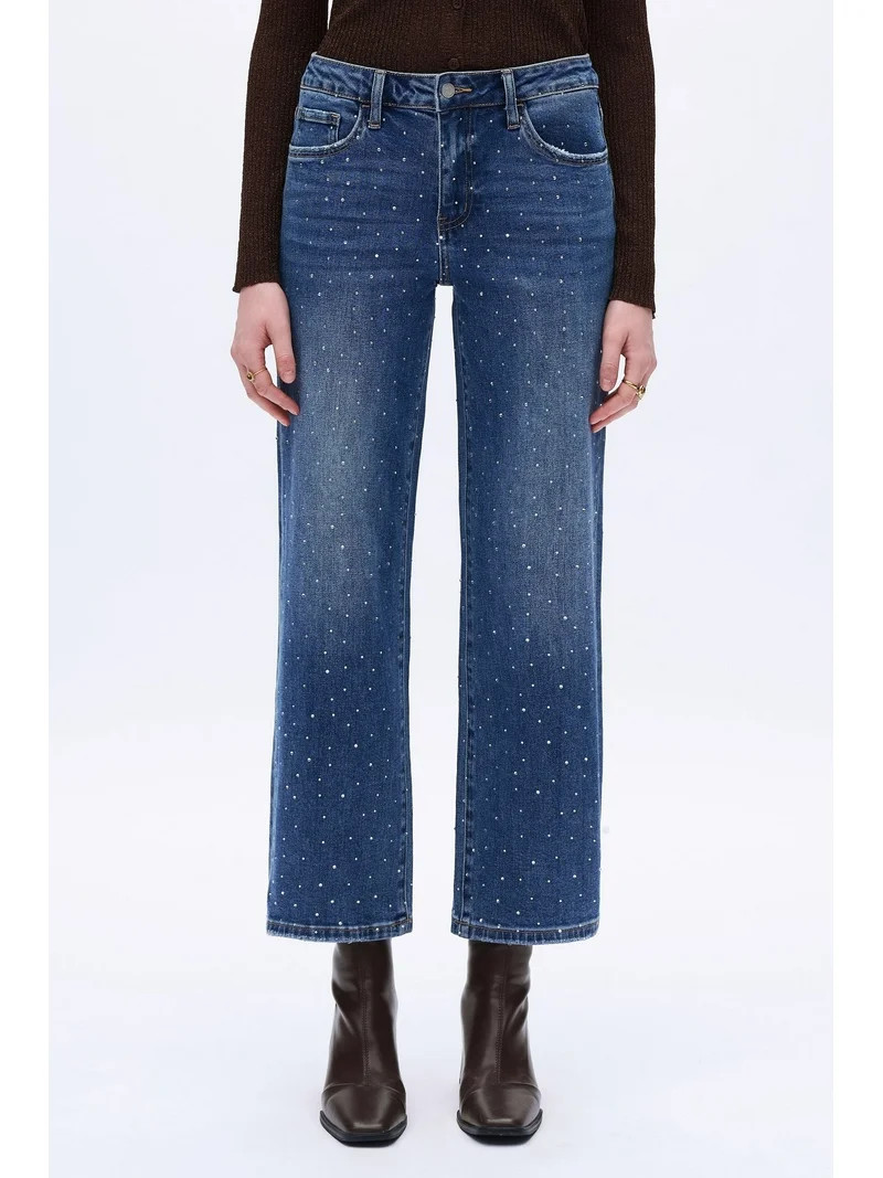 ONESO Women's High-Rise Rhinestone Wide Leg Jeans, Sparkling Embellished Denim Jeans with Comfort... | Walmart (US)