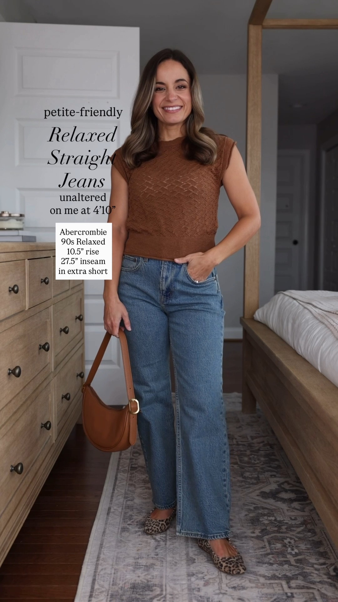 Four petite-friendly pairs of relaxed straight jeans! 

Outfit 1 
Jeans (Abercrombie): 25 extra short in medium wash (second tow third option) / 10.5” rise / 27.5” inseam 
Top (Target): xs 
Shoes: sold out 🥲 
Bag (Quince 

Outfit 2 
Jeans (Quince): 24 extra short / 10” rise (avg rise 10.5” lower in smaller size) / 26” inseam 
Top (Quince): xs 

Outfit 3 
Jeans (Levi’s): 23 x 27” inseam / 9.5” rise 
Top (Madewell): xxs 

Outfit 4 
Jeans (Quince): 24 / 9” rise / 28” inseam 
Top (Quince): xs 
Jacket (Quince): xs 

Size comparison: 4’10” (32”,24”,36”) 25” ankle inseam, 27.5-28” full length inseam.

#LTKPetite