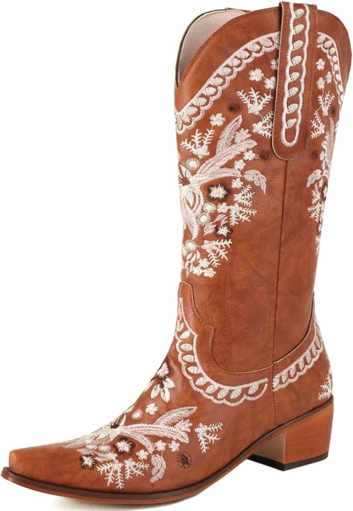 Uniquelly Womens Embroidered Boots Snip Toe Mid Calf Chunky Heels Cowgirl Western Riding Boots Wi... | Amazon (US)