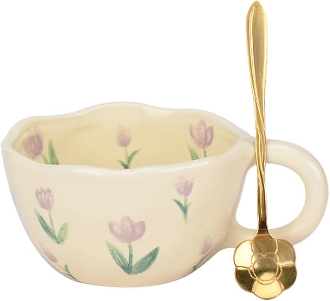 Cute Coffee Mug Ceramic Tea Mug,Kawaii Coffee Cup,Flower Handmade Mug,Creative Pink Mug with Spoo... | Amazon (CA)