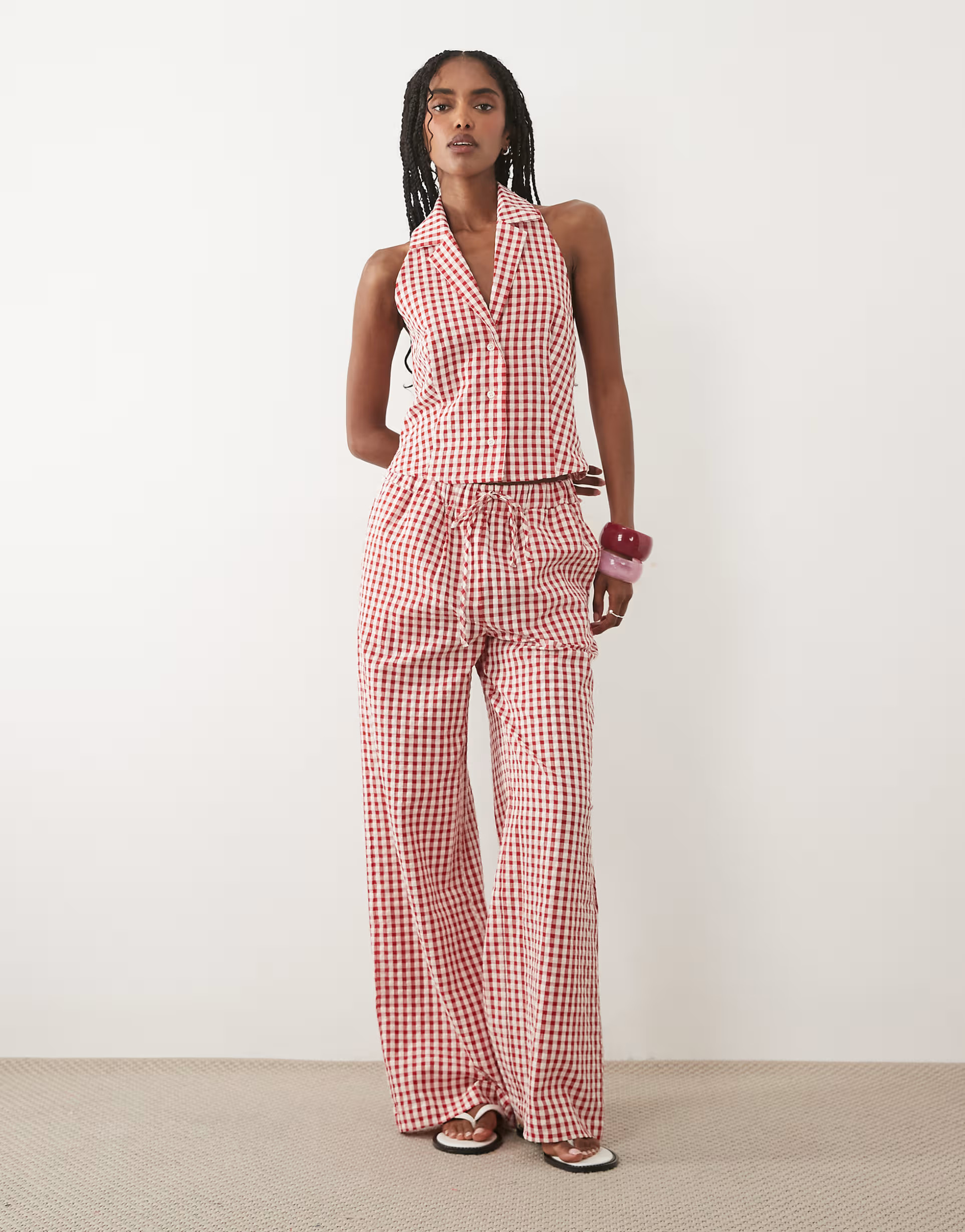 Miss Selfridge pull on wide leg trouser co-ord in gingham | ASOS (Global)