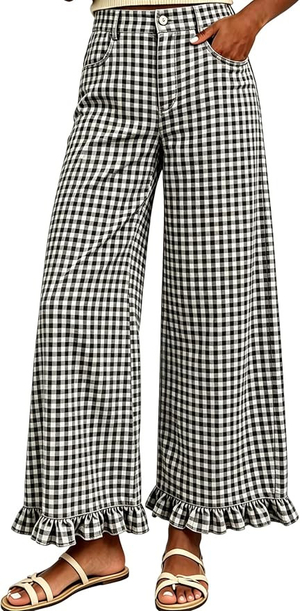 Tanming Women's Gingham Pants Casual Cotton Wide Leg Ruffle Hem Lounge Pants Plaid Trousers with ... | Amazon (US)