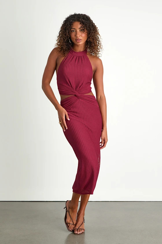 Poised Attitude Burgundy Halter Cutout Twist-Front Midi Dress | Lulus