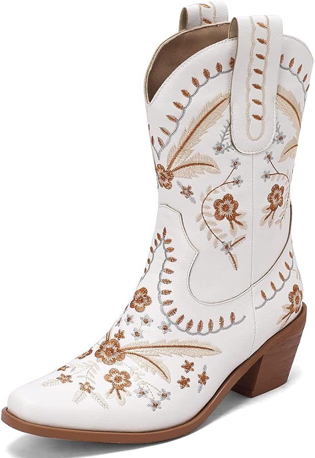 Womens Embroidered Cowgirl Boots Pull On Cowboy Boots for Women Floral Low Chunky Heel Western Bo... | Amazon (US)