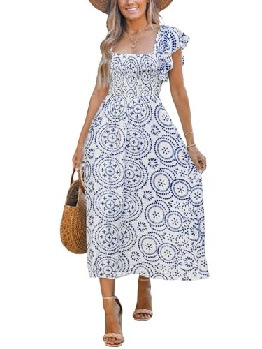 CUPSHE Women's Summer Midi Dress Paisley Square Neck Flutter Sleeve Smocked Dresses Boho Vacation Flowy Sundress Blue S | Amazon (US)