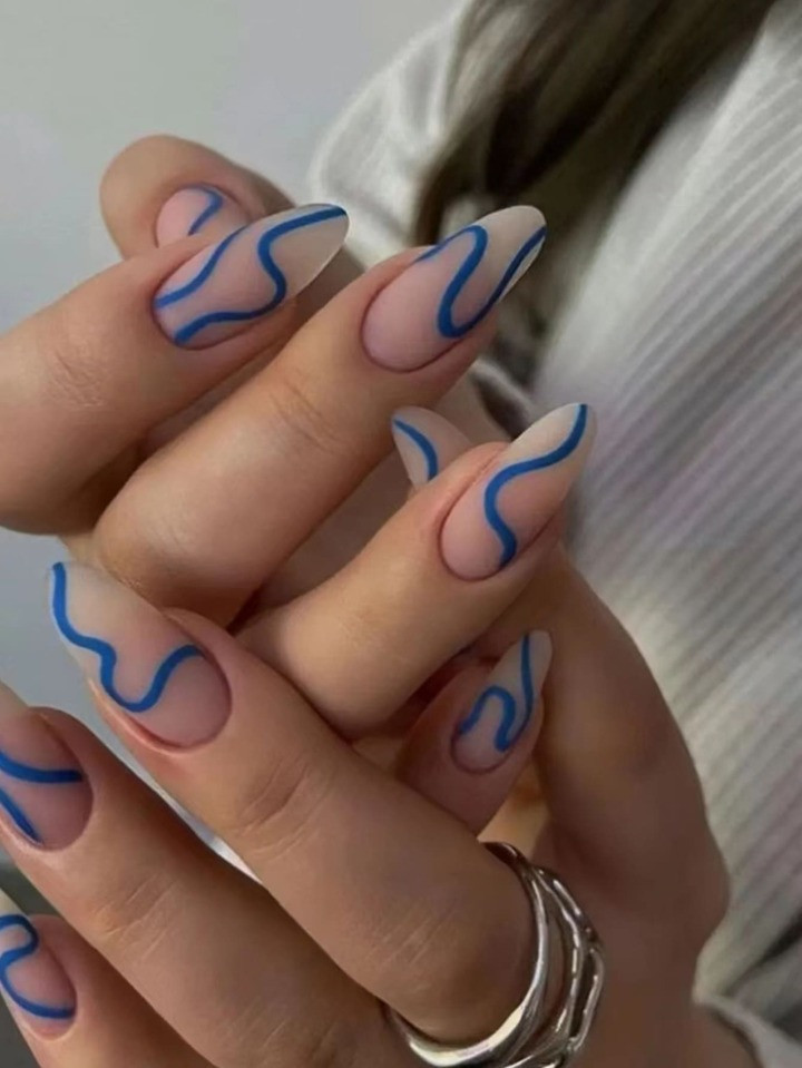 Get Glamorous with 24pcs Long Almond Blue Striped Matte Fake Nail & 1pc Nail File & 1sheet Nail T... | SHEIN