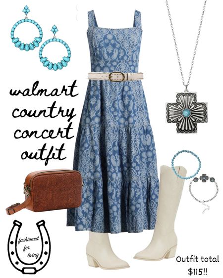 Country concert outfit. Walmart outfits. Walmart finds. Western style. Affordable western outfit. Cowgirl outfit. Cowgirl boots. Western boots. Denim dress. Summer outfit. Spring outfit. Nashville outfit. 

#LTKfindsunder100 #LTKFestival #LTKfindsunder50