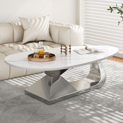 Modern Sintered Stone Coffee Table with Silver Sculptural Stainless Steel Base, Faux Marble Pebble-Shaped Center Table for Living Room - Panipeachy | Target