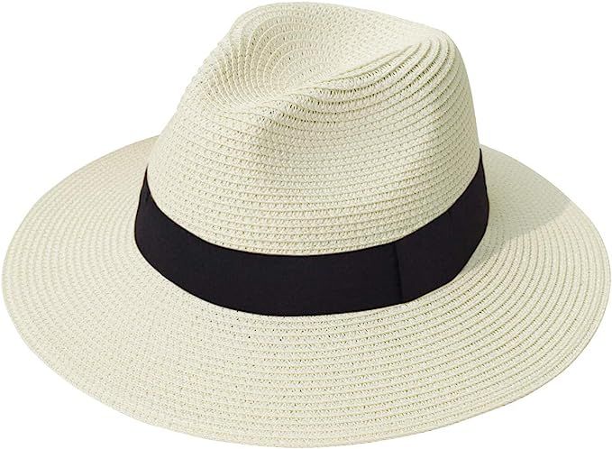 Lanzom Women Wide Brim Straw Panama Roll up Hat Fedora Beach Sun Hat UPF50+ | Amazon (US)