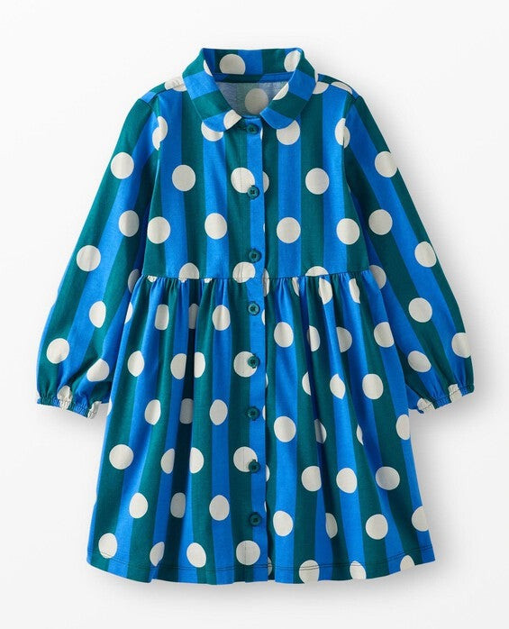 Girls' Stripes And Dots On Everglade Balloon Sleeve Shirt Dress with Pockets in 100% Combed Cotton - Size Little Kids 6-7 by Hanna Andersson | Hanna Andersson