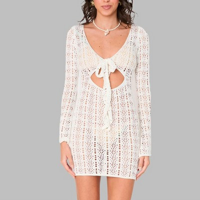 Women's Crochet Knit Hollow Out Beach Sun Cover Up Mini Boho Dress Tie Front Bell Long Sleeve V Neck Swimsuit Summer Casual Short Dress Black M | Target