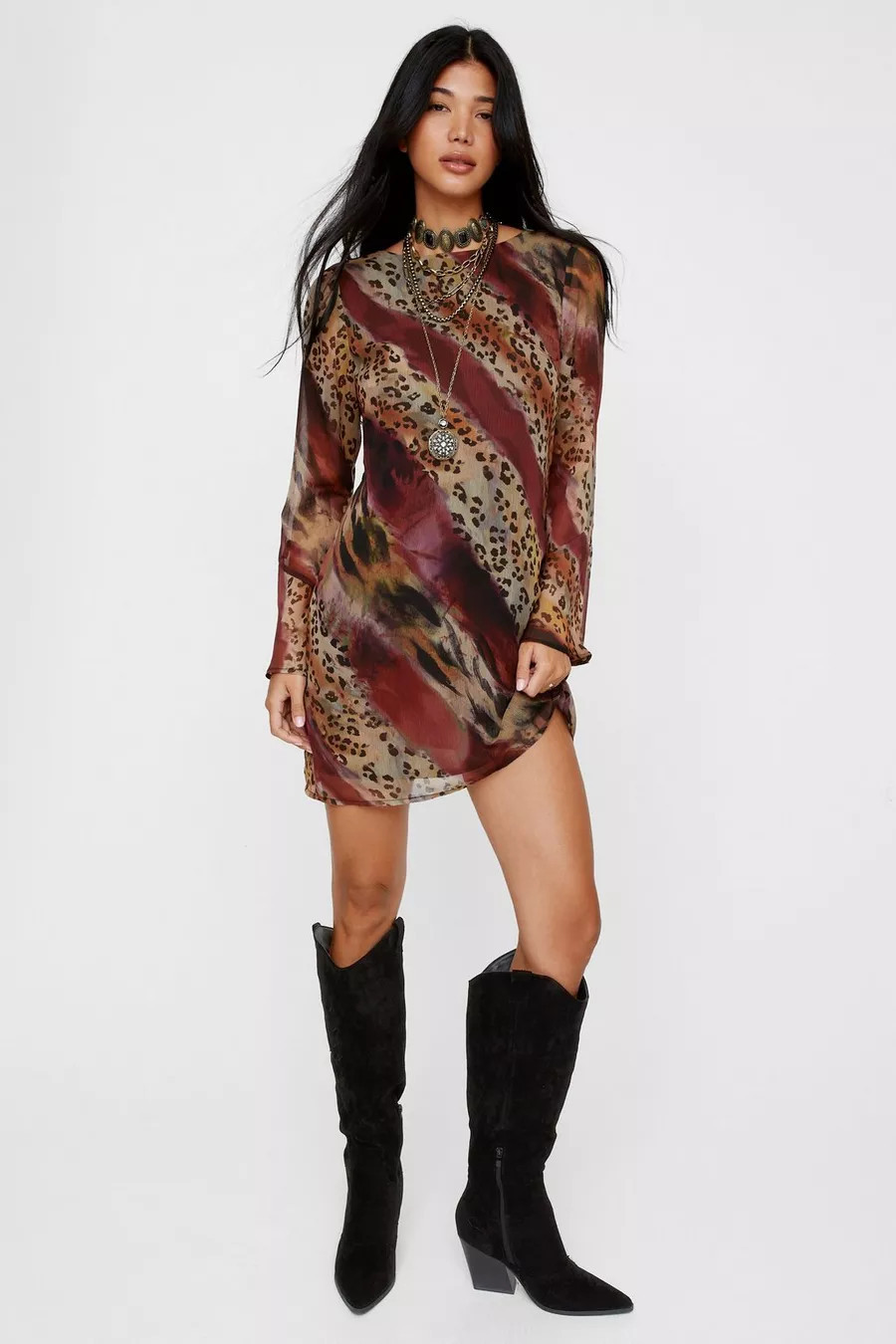 Crinkle Chiffon Animal Fluted Sleeve Low Back Mini Dress | Nasty Gal US