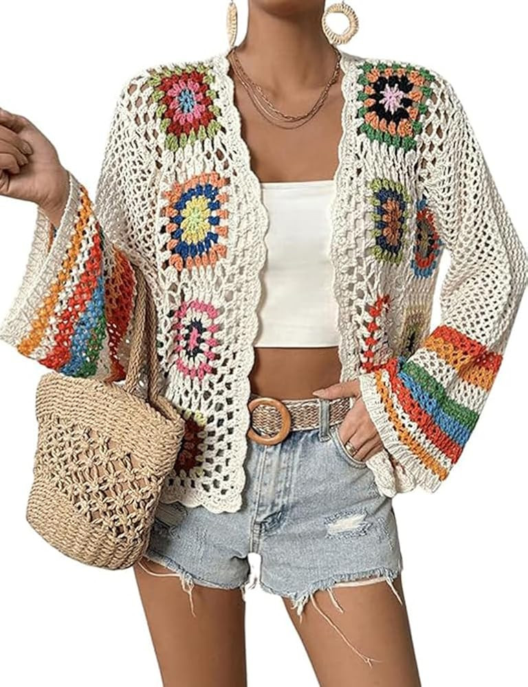 Kinghua Floral Crochet Cardigans for Women Trendy Spring Summer Hollow Out Open Front Boho Cardig... | Amazon (US)