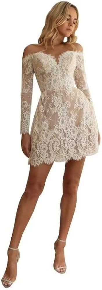 Lace Tulle Short Wedding Dresses for Bride Long Sleeve Wedding Dress for Women Applique Bridal Sh... | Amazon (US)