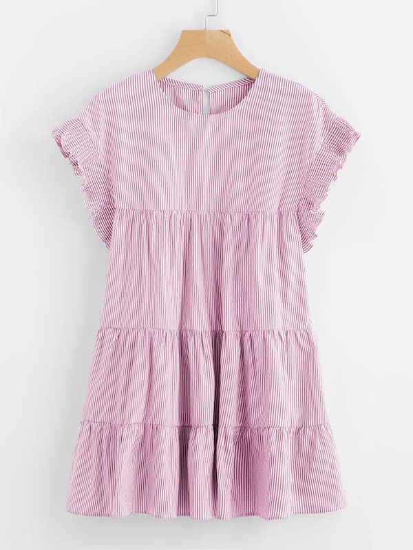 Vertical-Striped Tiered Peasant Frill Dress | SHEIN