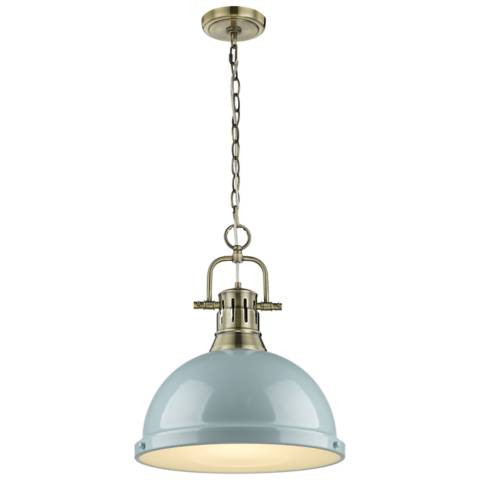 Duncan 14" Wide Aged Brass Pendant Light with Seafoam Shade - #416P5 | Lamps Plus | Lamps Plus