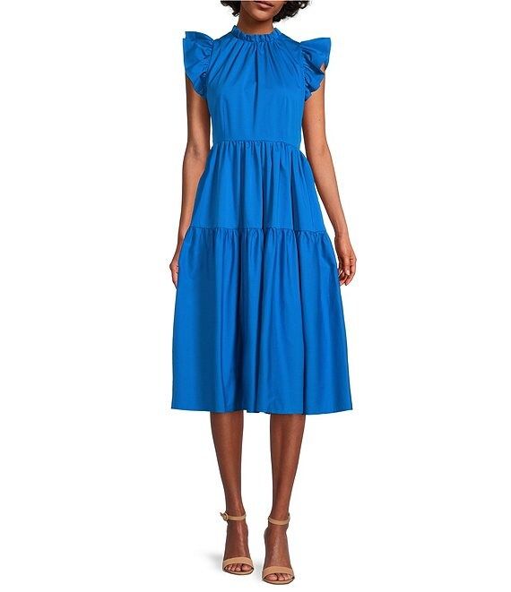 x Kimberly Whitman Tabitha Ruffle High Round Neck Cap Sleeve Tiered Midi Dress | Dillard's