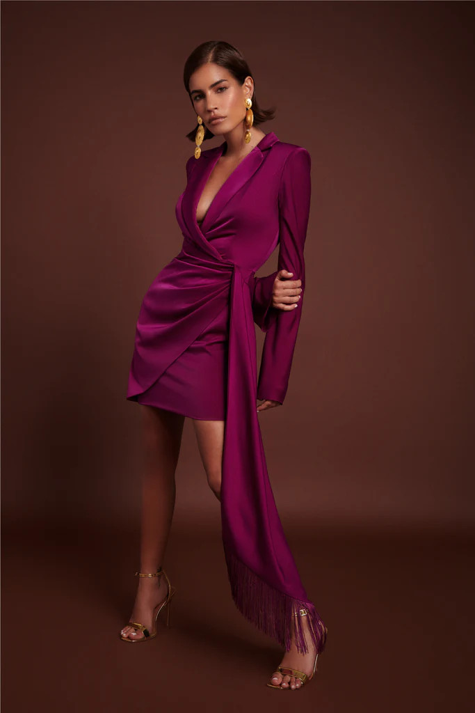GISELLE Satin Wrap Dress With Tassle Drape In Purple | Lavish Alice