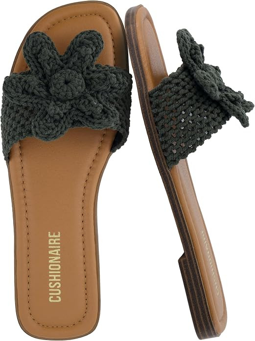 CUSHIONAIRE Gemma Knit Flat Slides for Women, Square Toe Sandals with Woven Flower Detail and Mem... | Amazon (US)