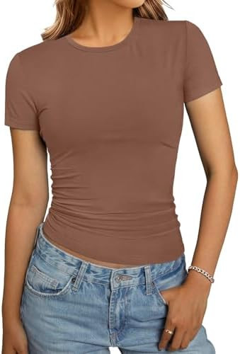 Women's Casual Basic Going Out Tops Slim Fit Short Sleeve T Shirts Summer Crew Neck Tight Crop To... | Amazon (US)