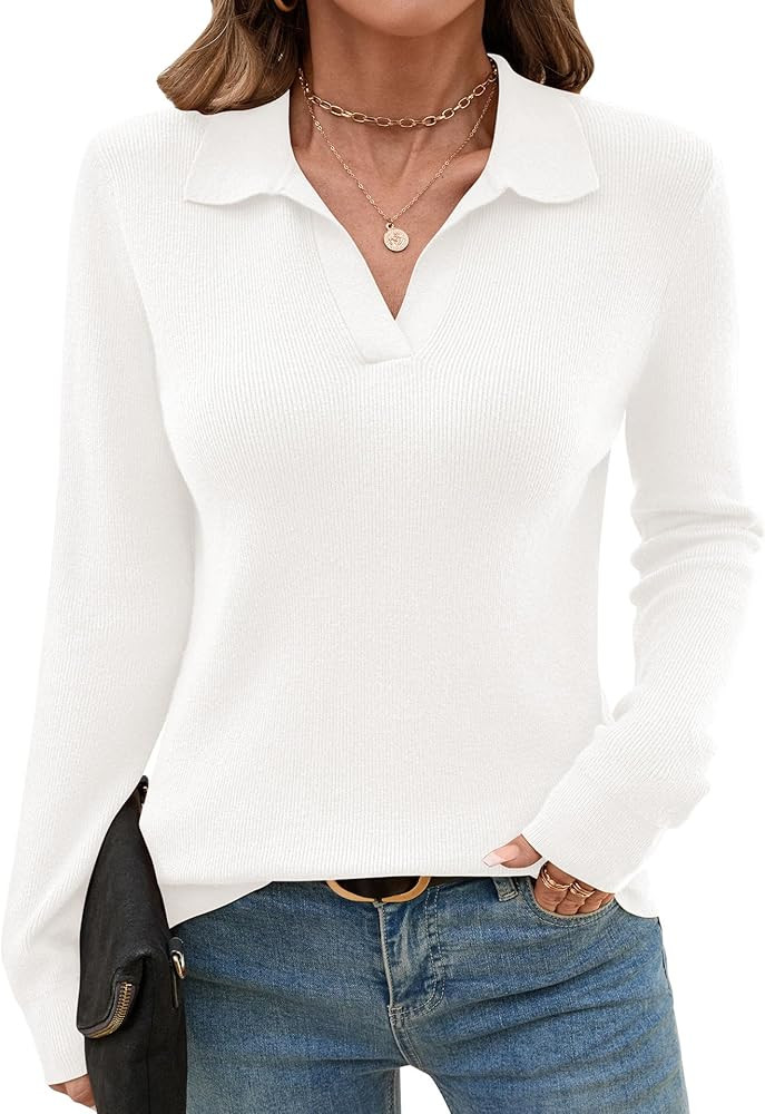 Romanstii Women's Knitted Collared Sweaters Long Sleeve V-Neck Polo Shirts Winter Pullover Tops | Amazon (US)