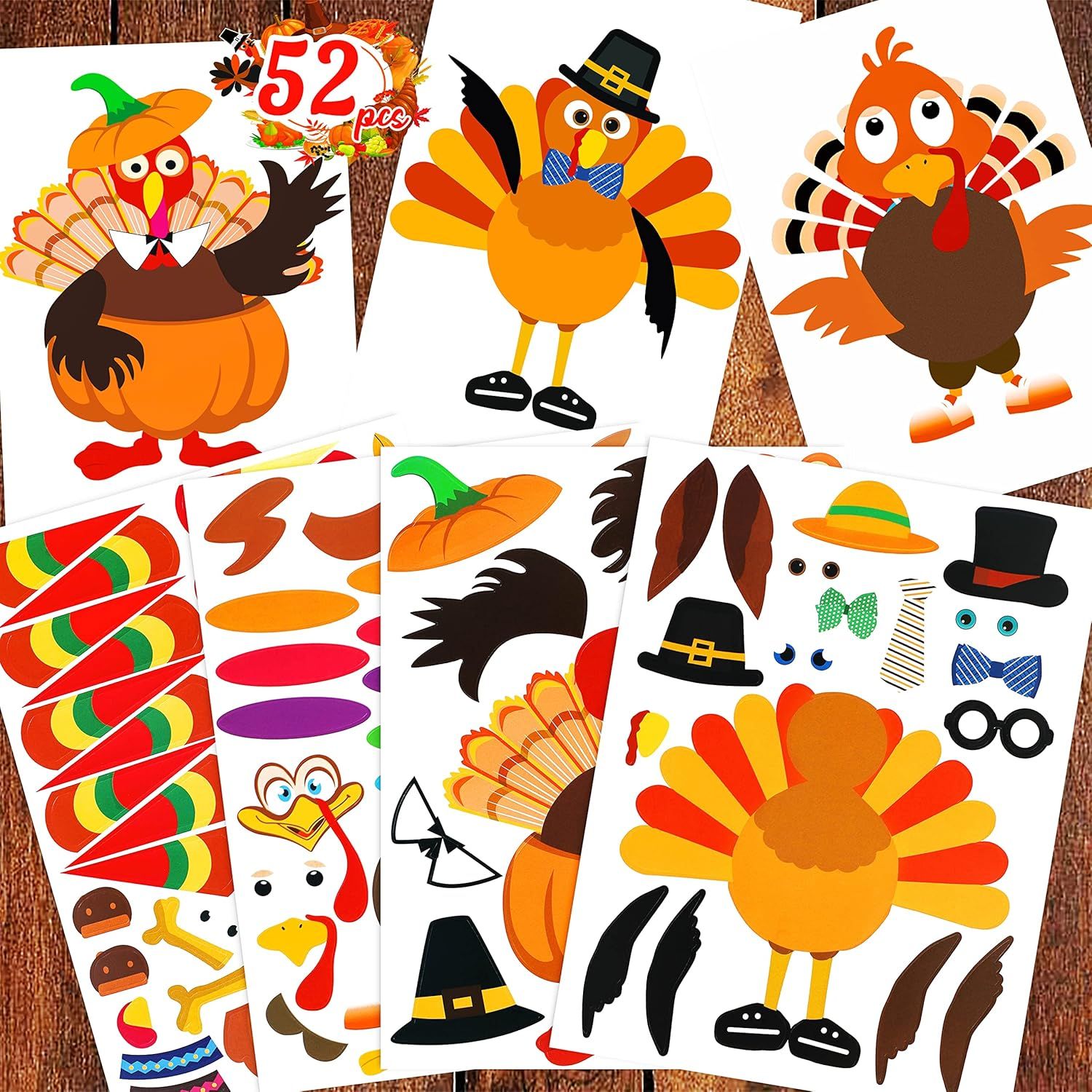 52pcs Thanksgiving Crafts for Kids, Make-A-Turkey Stickers Party Games/Favors/Supplies(Small Size... | Amazon (US)