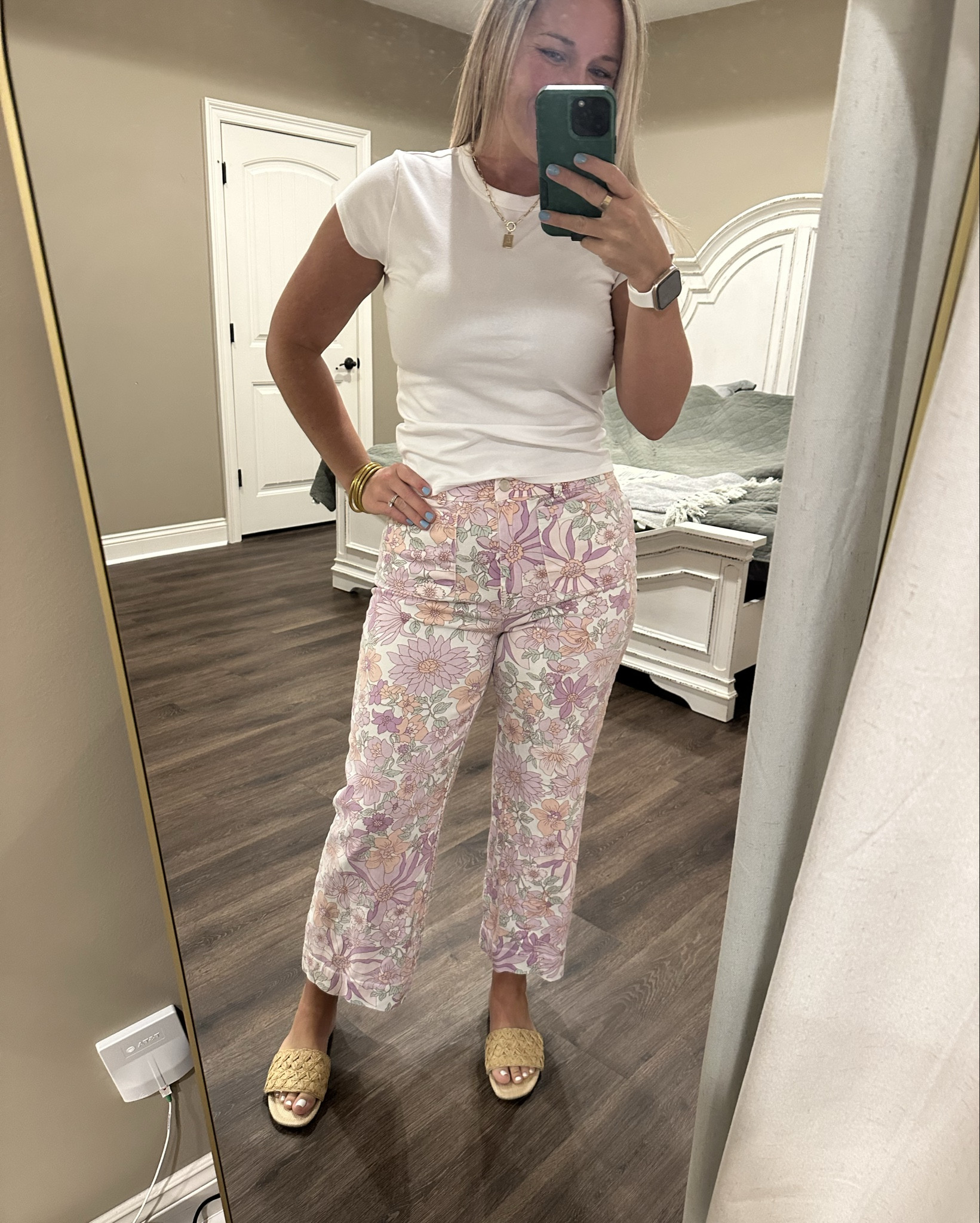 basic top, floral pants, white shirt, bright colors, beach sandals 

Shirt-small
Pants-small
Sandals-8.5