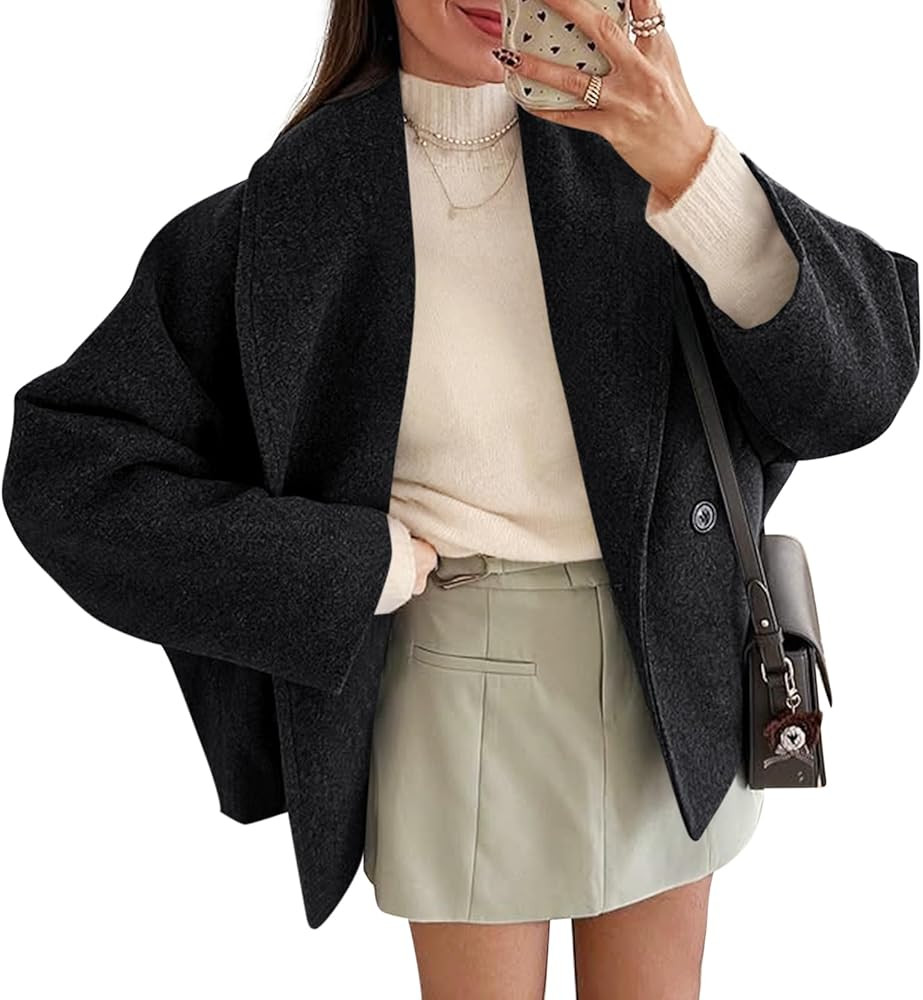Yousify Womens Cropped Pea Coats Oversized Wool Blend Short Jackets Lapel Double Breasted Fall Wi... | Amazon (US)
