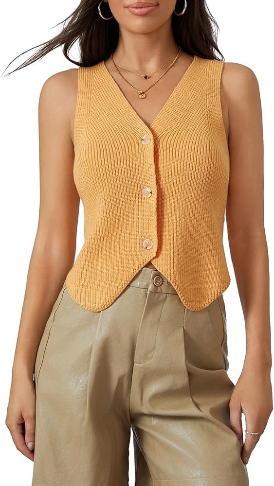 WOBONIU Women Sleeveless Sweater Vest Solid Color Sleeveless V-Neck Knitted Open Front Crop Tank ... | Amazon (US)